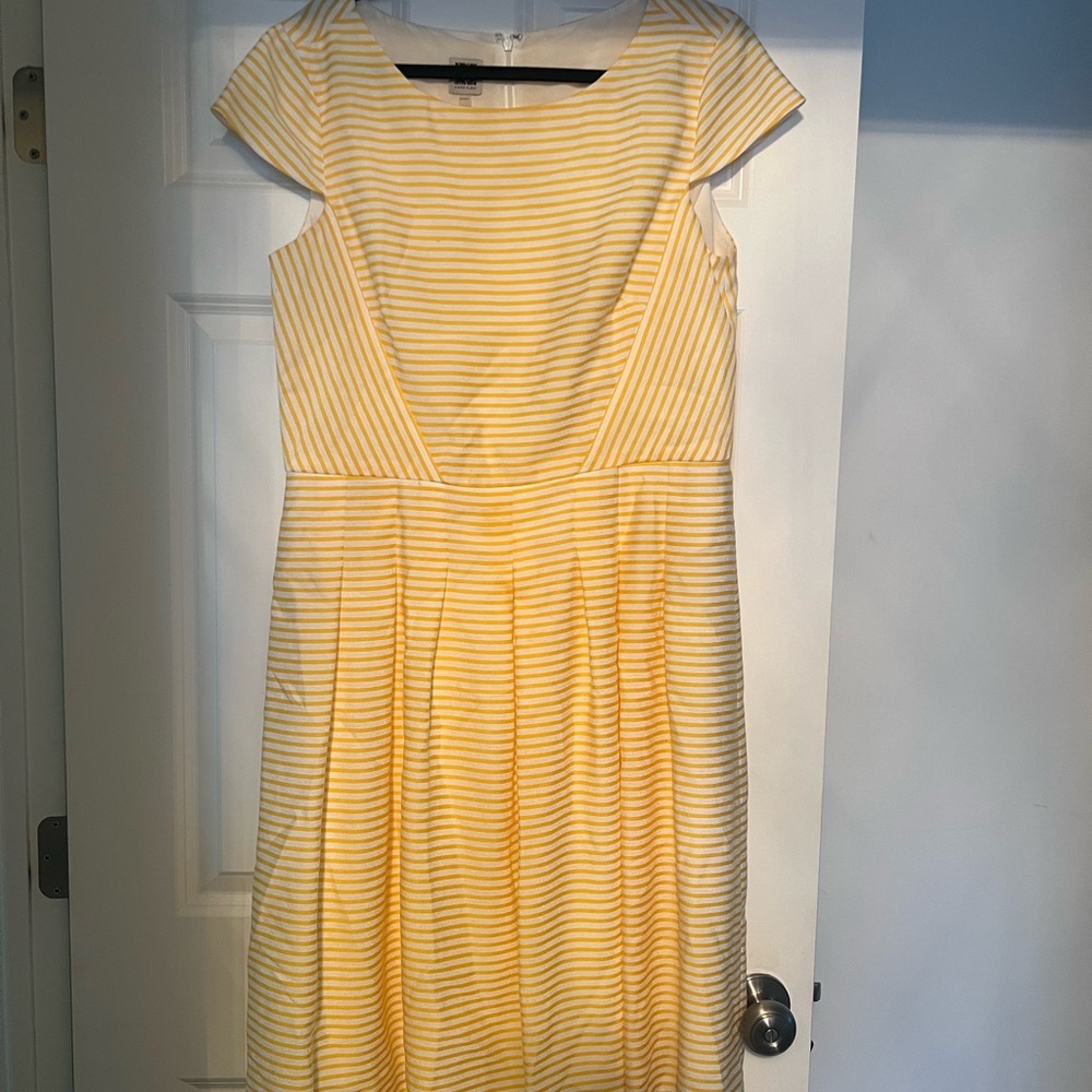 Women's Anne Klein Yellow/White Stripe Flare Cap Sleeve Pleated Dress Size: 14